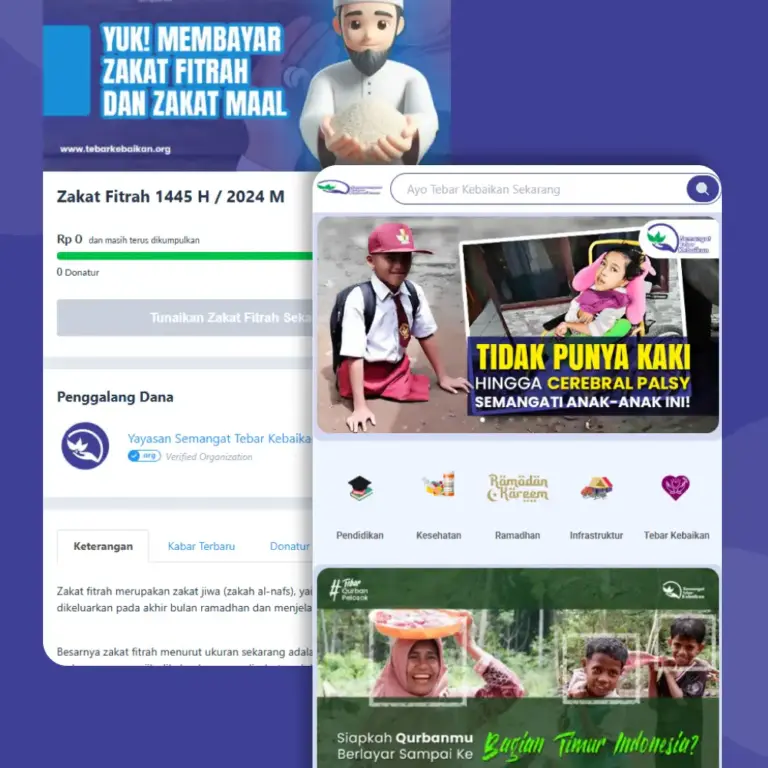 Tebar Kebaikan crowdfunding website shown on phone and desktop screens