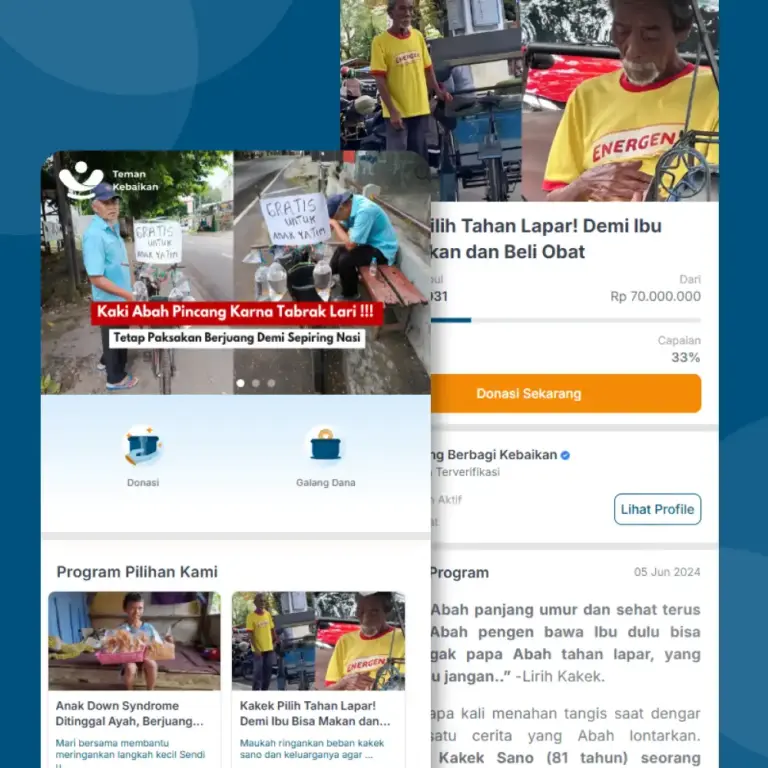 Teman Kebaikan crowdfunding website shown on phone screens